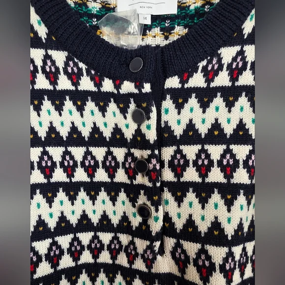 La Ligne Fair Isle Merino Wol Navy Blue Henley Crewneck Pullover Sweater M - Picture 5 of 6